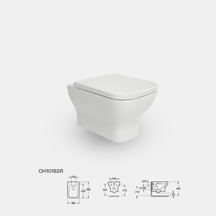 Wall-Hung Rimless Ceramic Toilet With Square Seat